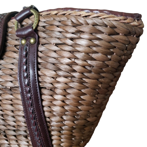 Coldwater Creek Woven Straw Brown Rustic Faux Leather Shoulder Bag Picnic Tote. - Picture 7 of 16